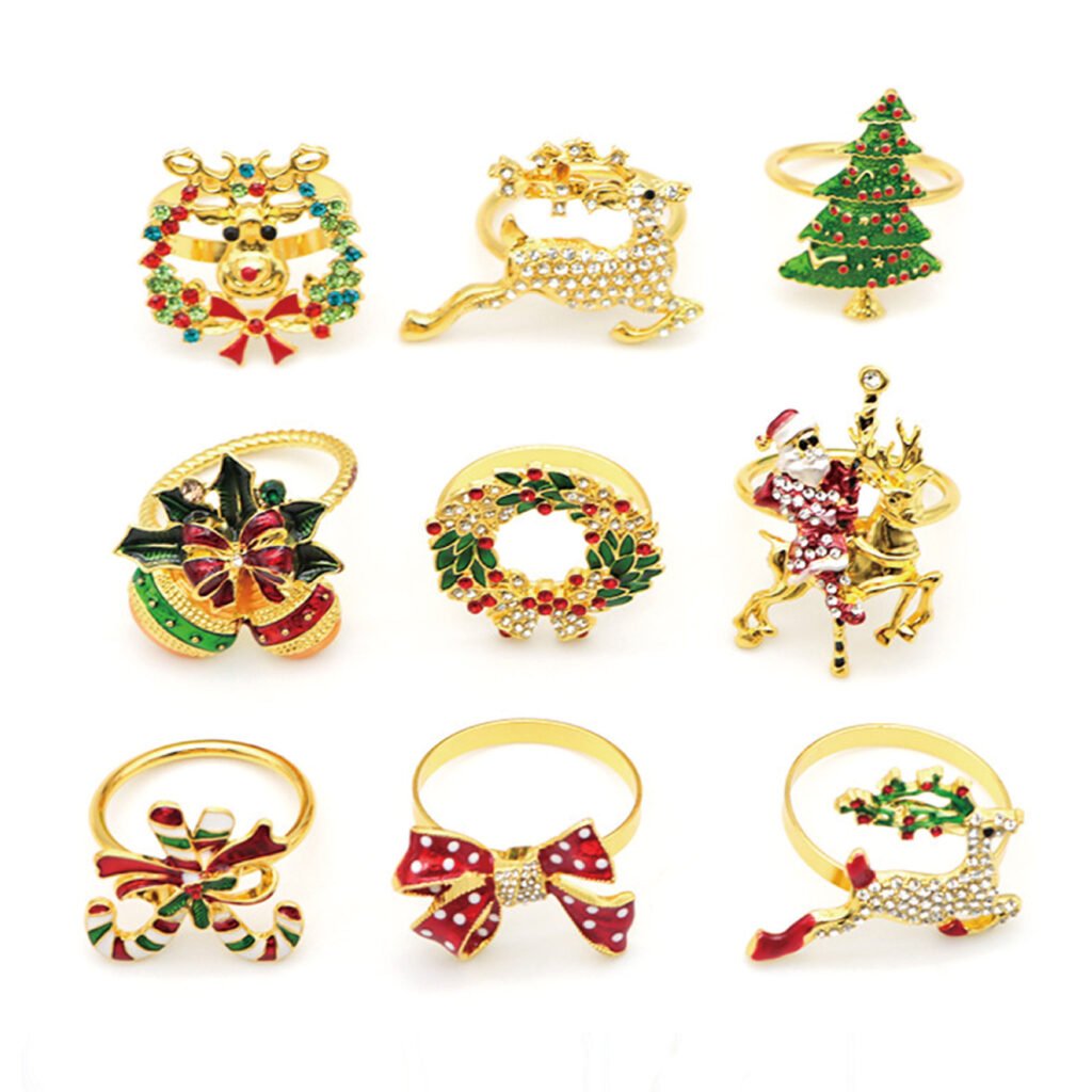 christmas napkin ring set with tree reindeer bell and snowflake