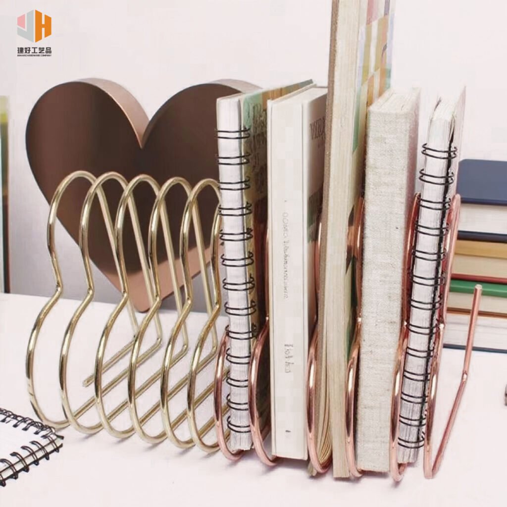 electroplated linear heart metal bookend for desk organization