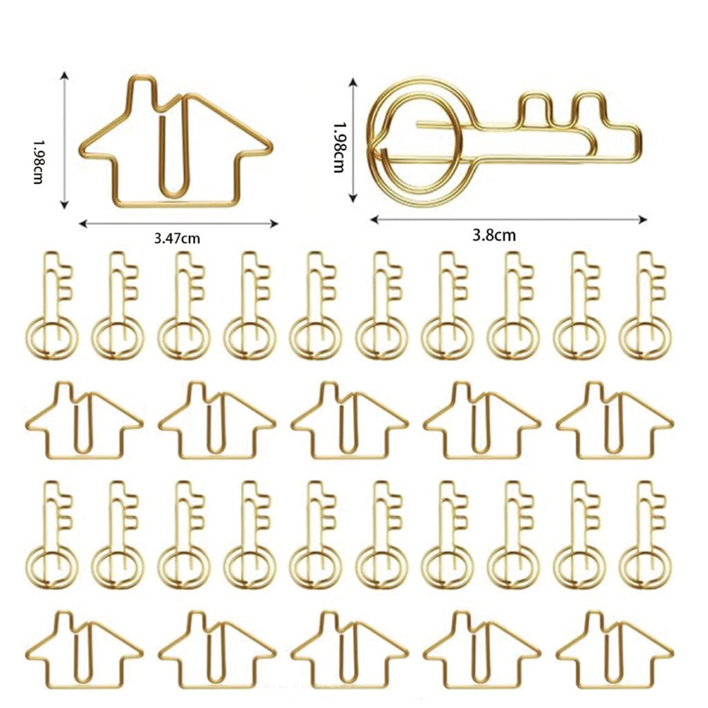 gold house and key shaped metal paper clips