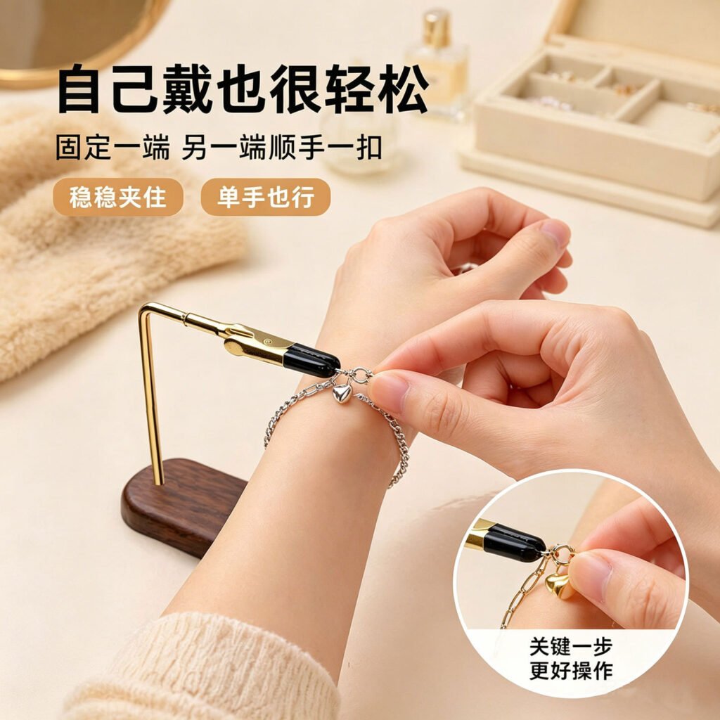 gold wood grain jewelry helper clip and bracelet display stand