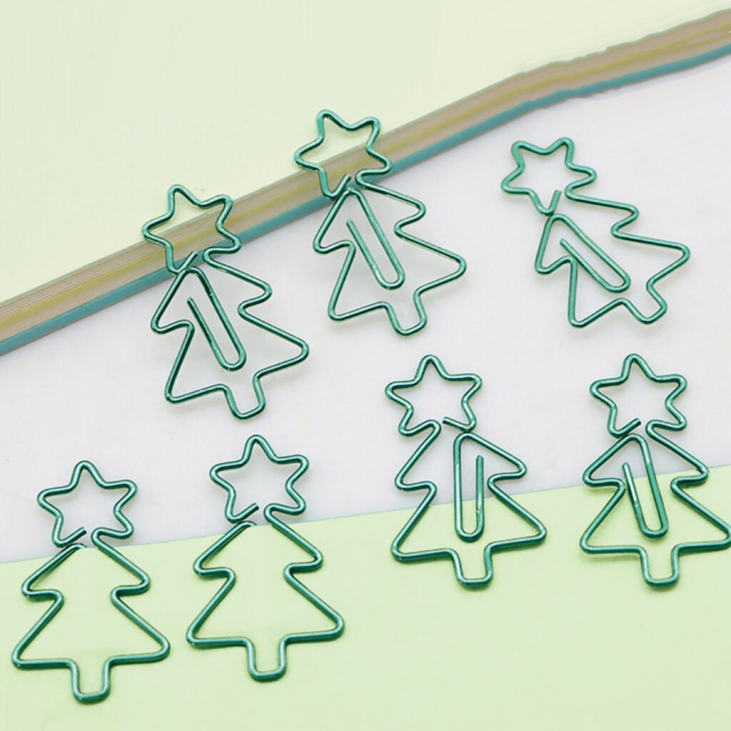 green christmas tree shaped metal paper clips