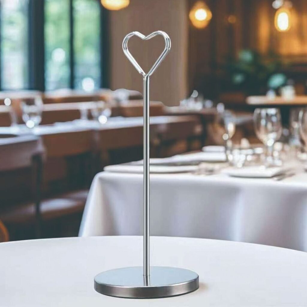 heart shaped stainless steel standing place card and photo holder