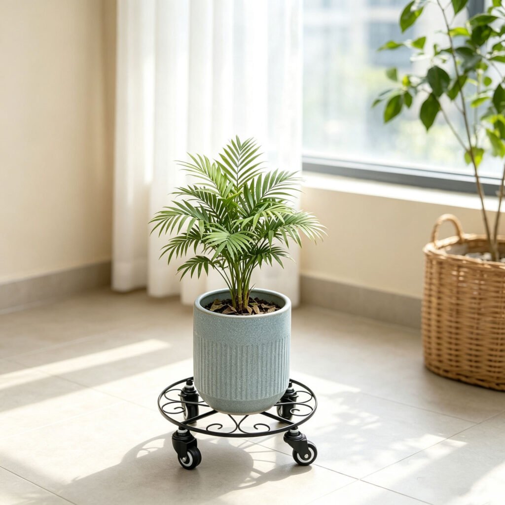 movable wrought iron plant stand with woven basket
