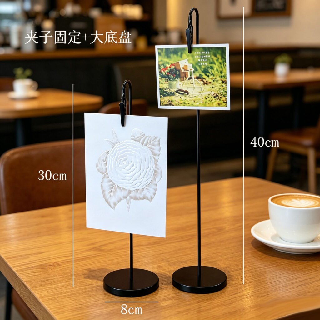 round base standing label and photo clip for hotels