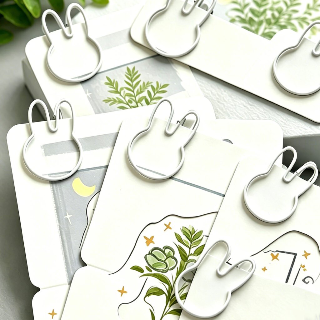 white rabbit shaped paper clips and bookmarks